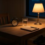 Mesa de trabalho ao amanhecer com despertador, tênis e caderno simbolizando disciplina e foco sem depender de motivação