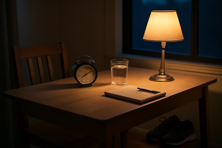 Mesa de trabalho ao amanhecer com despertador, tênis e caderno simbolizando disciplina e foco sem depender de motivação