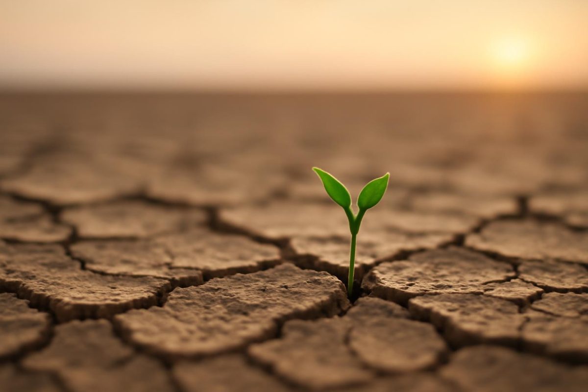 como ter entusiasmo pela vida quando tudo parece difícil 1 Broto verde surgindo em solo rachado ao amanhecer, simbolizando renovação de energia em fase difícil