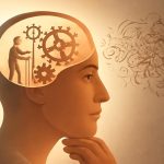 Ilustração de uma mente com um arquiteto interno ajustando engrenagens, representando a programação mental e os erros na auto