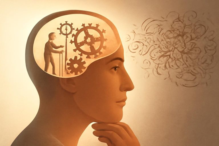 Ilustração de uma mente com um arquiteto interno ajustando engrenagens, representando a programação mental e os erros na auto