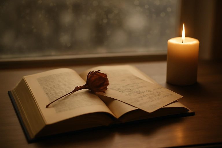 Livro aberto sobre mesa de madeira com carta antiga e rosa seca, iluminado por velas, simbolizando romance e traição.
