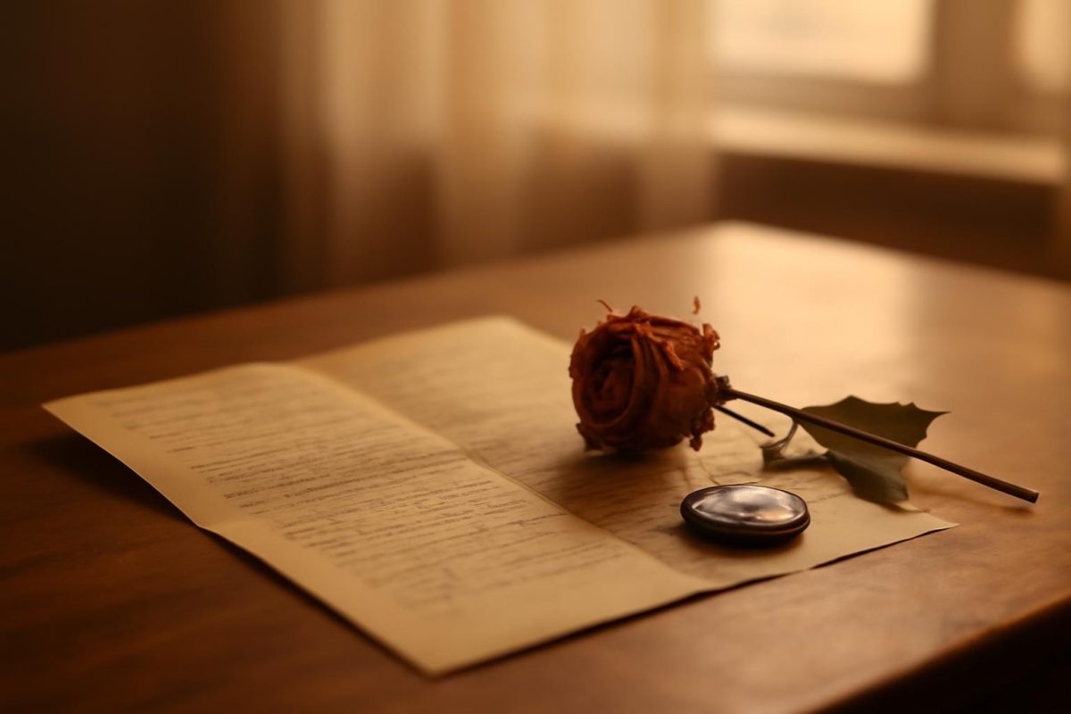 Carta antiga aberta sobre mesa de madeira com rosa seca e medalhão de prata, simbolizando memórias de um romance