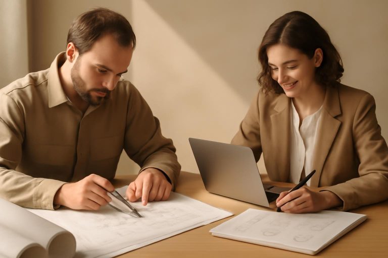 Dois profissionais de áreas diferentes colaborando em um projeto, um com ferramentas técnicas e outro com esboços criativos