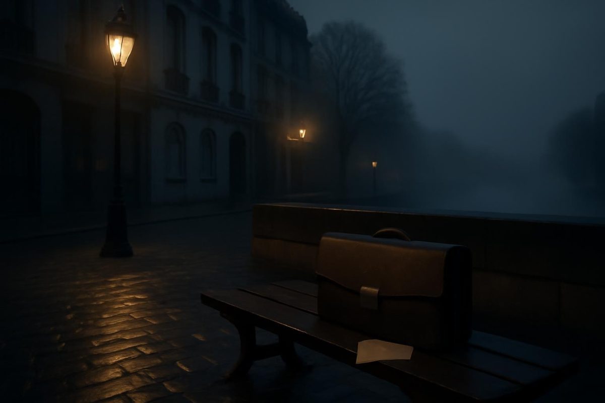como escrever um romance de suspense com traição: guia passo a passo 1 Rua parisiense enevoada ao amanhecer com uma maleta e uma carta rasgada sobre um banco, simbolizando segredos e traição em um