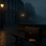 Rua parisiense enevoada ao amanhecer com uma maleta e uma carta rasgada sobre um banco, simbolizando segredos e traição em um