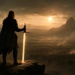 Guerreiro solitário com espada brilhante em campo de batalha épico, cercado por fumaça e montanhas ao fundo