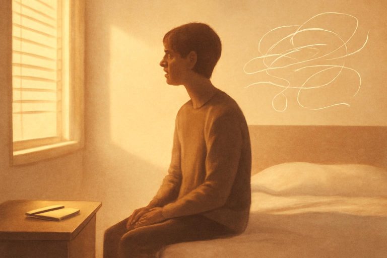 Ilustração de pessoa sentada na cama ao amanhecer, com caderno ao lado, representando o momento de auto-sugestão