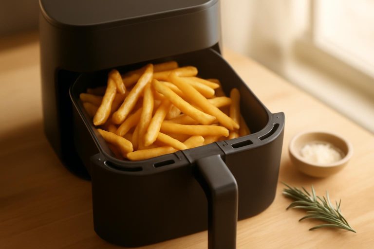 Batatas fritas douradas e crocantes dentro do cesto da air fryer sobre bancada de madeira clara