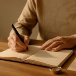 Pessoa escrevendo em um caderno sobre uma mesa de madeira, com uma bússola e um mapa ao fundo, representando o planejamento