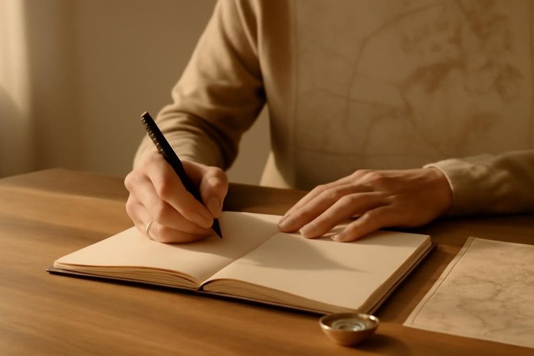Pessoa escrevendo em um caderno sobre uma mesa de madeira, com uma bússola e um mapa ao fundo, representando o planejamento