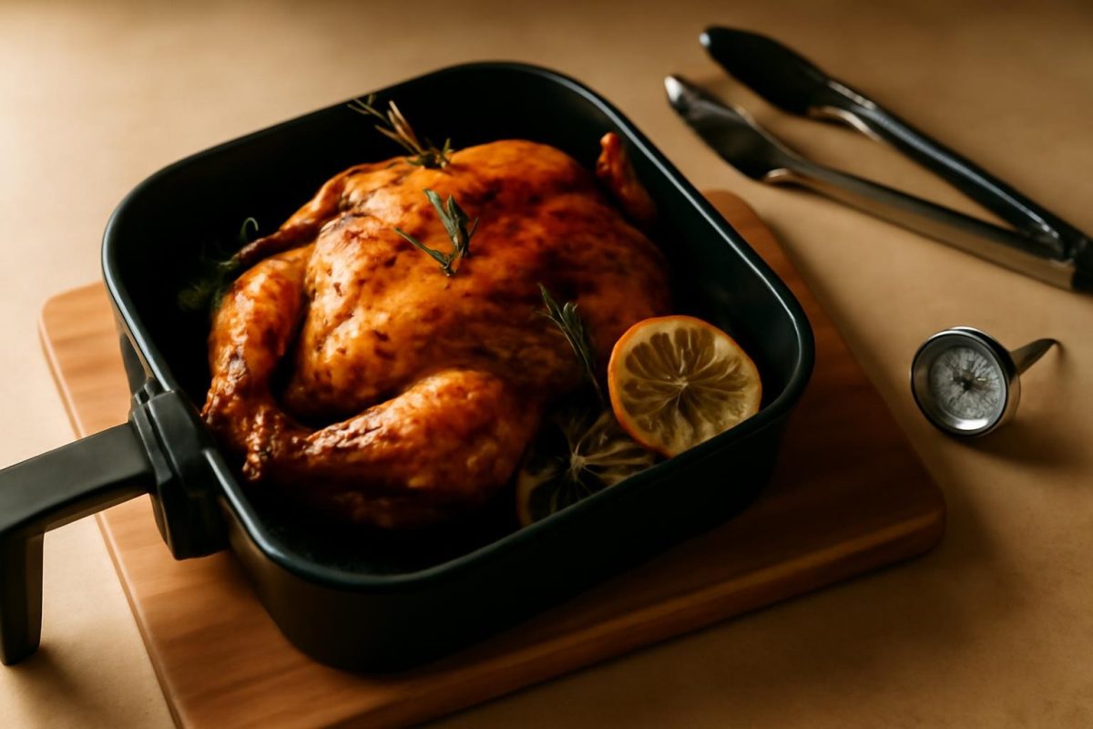 Frango inteiro assado no air fryer oven, com pele dourada e crocante, decorado com alecrim e limão.