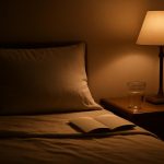 Quarto à noite com luz suave, cama arrumada e caderno na mesinha de cabeceira, ambiente calmo para o ritual de dormir