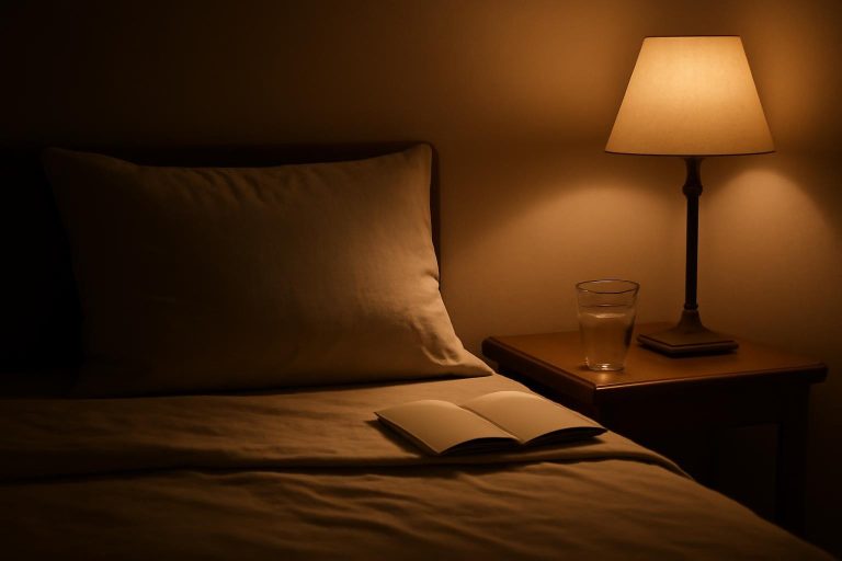 Quarto à noite com luz suave, cama arrumada e caderno na mesinha de cabeceira, ambiente calmo para o ritual de dormir
