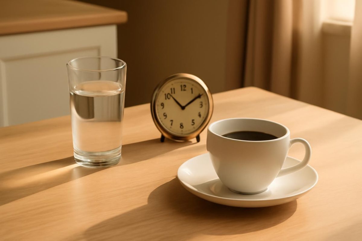 como fazer jejum intermitente de 16 horas: guia inicial 1 Mesa de madeira com copo de água, xícara de café preto e relógio marcando 16 horas, em cozinha iluminada
