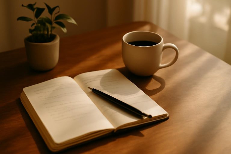 Caderno aberto com caneta sobre mesa de madeira, ao lado de xícara de café e planta, representando a prática de escrever