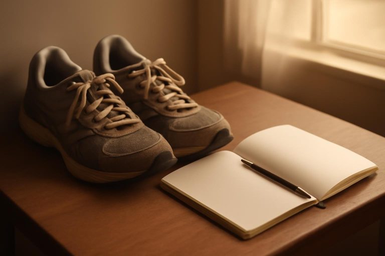 Tênis de corrida gastos ao lado de caderno aberto e caneta, representando recomeço após falhar em um objetivo