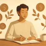 Ilustração de pessoa em paz com caderno e xícara, símbolos de dinheiro e plantas ao redor, representando equilíbrio entre