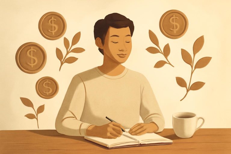 Ilustração de pessoa em paz com caderno e xícara, símbolos de dinheiro e plantas ao redor, representando equilíbrio entre