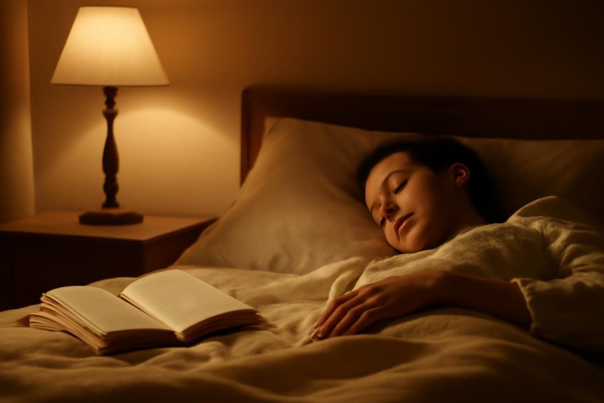 ho'oponopono para dormir em 5 minutos: versão curta 1 Quarto aconchegante à noite com livro aberto na cama e mão sobre o cobertor, sugerindo ritual de leitura antes de dormir.