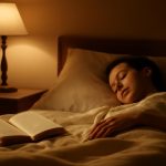 Quarto aconchegante à noite com livro aberto na cama e mão sobre o cobertor, sugerindo ritual de leitura antes de dormir.