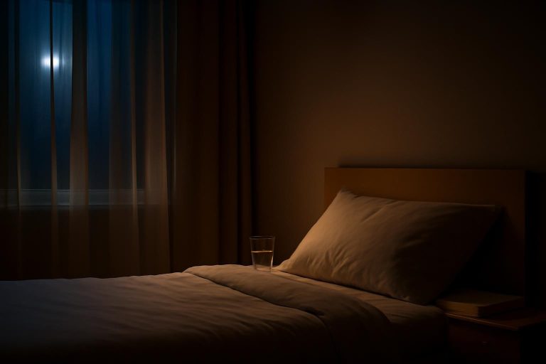 Quarto à noite com luz suave da lua, cama aconchegante e travesseiro, representando o ritual de Ho'oponopono para dormir