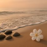 Flor de plumeria sobre pedras na beira do mar ao nascer do sol, representando a paz do Ho'oponopono