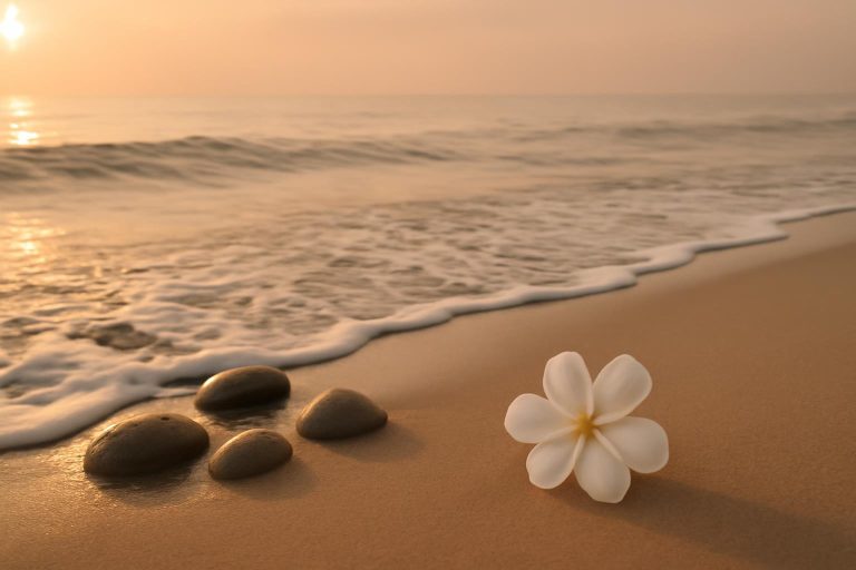 Flor de plumeria sobre pedras na beira do mar ao nascer do sol, representando a paz do Ho'oponopono