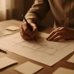 Mãos desenhando um projeto detalhado em uma mesa com anotações e instrumentos de desenho, representando a transformação