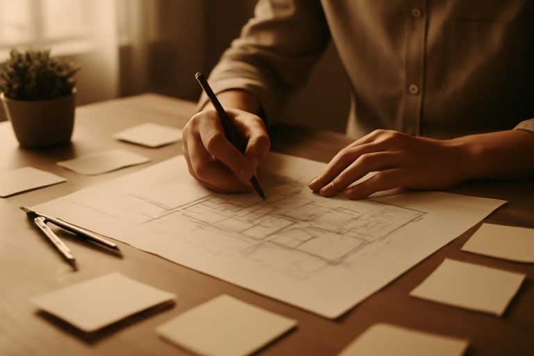 Mãos desenhando um projeto detalhado em uma mesa com anotações e instrumentos de desenho, representando a transformação