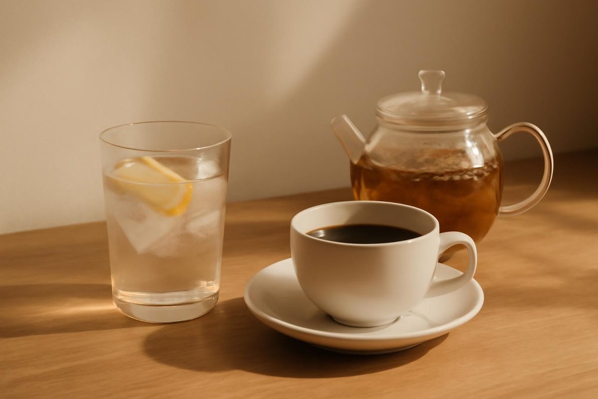 Copo de água com gelo e limão ao lado de café preto e bule de chá de ervas, representando bebidas permitidas no jejum