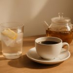 Copo de água com gelo e limão ao lado de café preto e bule de chá de ervas, representando bebidas permitidas no jejum
