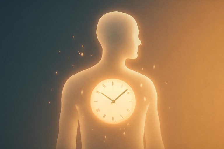 Ilustração editorial de silhueta humana com relógio interno e partículas de energia, representando ritmo circadiano