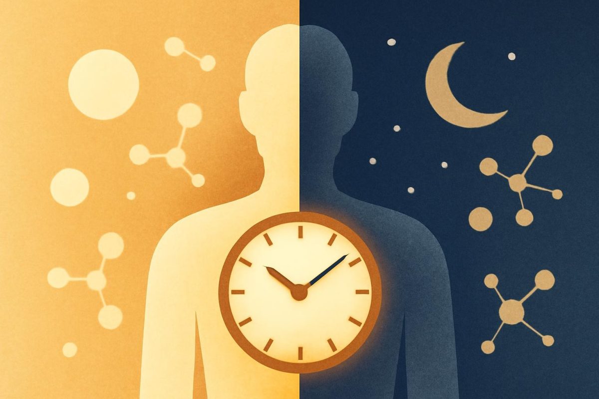 Ilustração de silhueta humana com relógio no peito, metade dia e metade noite, representando jejum intermitente e ritmo