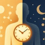 Ilustração de silhueta humana com relógio no peito, metade dia e metade noite, representando jejum intermitente e ritmo