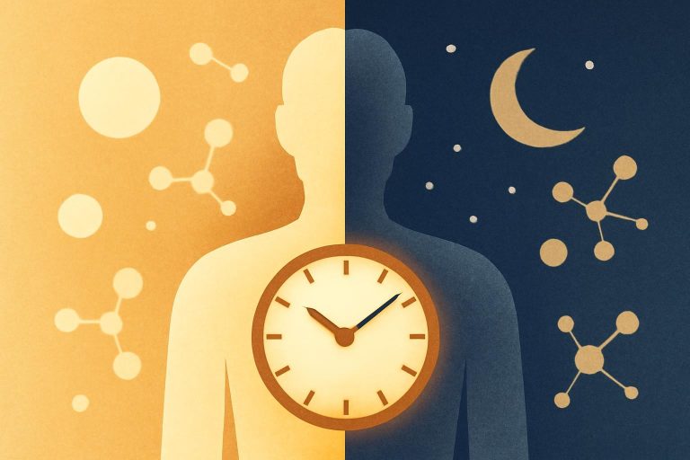 Ilustração de silhueta humana com relógio no peito, metade dia e metade noite, representando jejum intermitente e ritmo