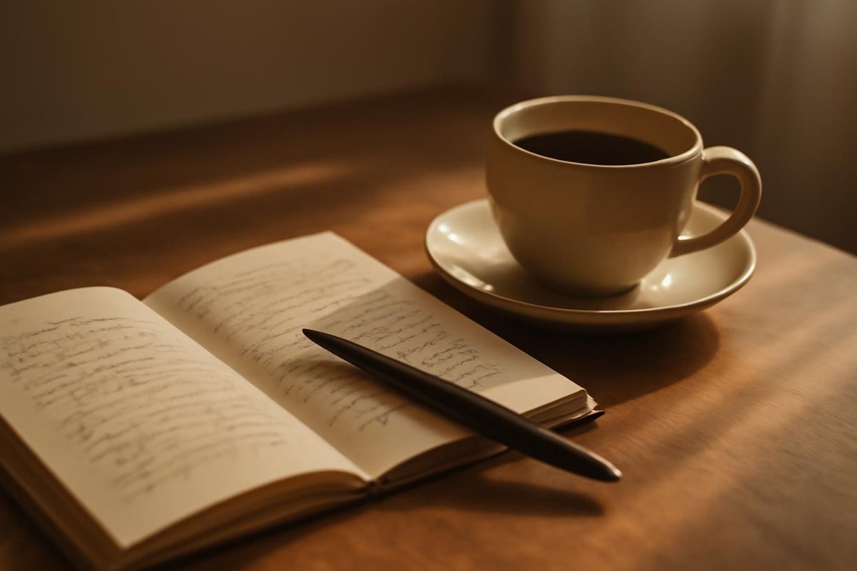 Caderno aberto com anotações, caneta e café em mesa de madeira sob luz da manhã, representando prática diária de reflexão