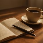 Caderno aberto com anotações, caneta e café em mesa de madeira sob luz da manhã, representando prática diária de reflexão