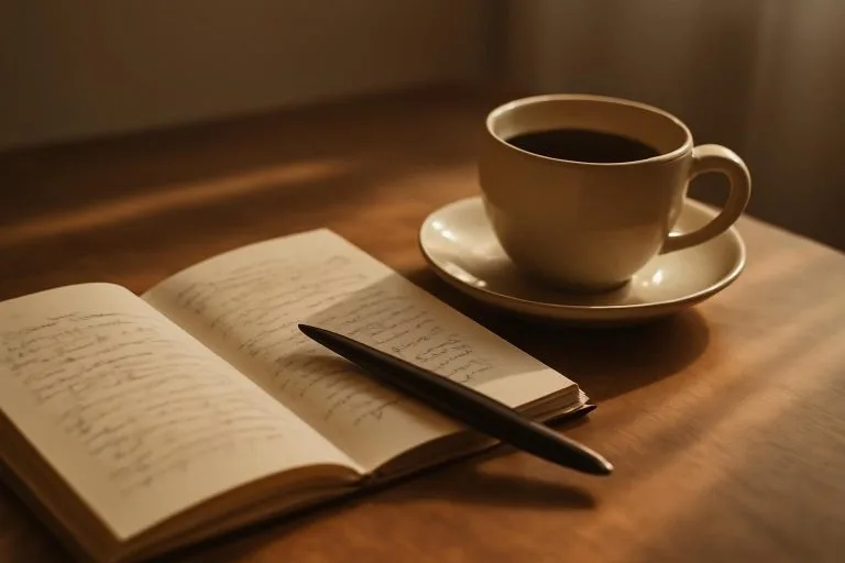 Caderno aberto com anotações, caneta e café em mesa de madeira sob luz da manhã, representando prática diária de reflexão