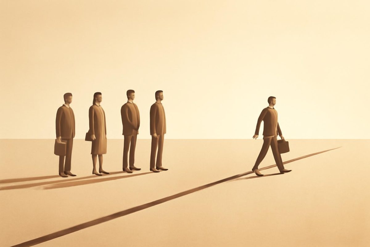Ilustração de pessoa caminhando um pouco além de uma linha marcada no caminho, representando a lei da milha extra no trabalho