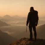 Alpinista no topo de uma montanha ao amanhecer, simbolizando a pressão e o peso do legado após a vitória.