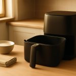 Cesto de air fryer removido sobre bancada de cozinha ao lado de pano macio e água com detergente para limpeza