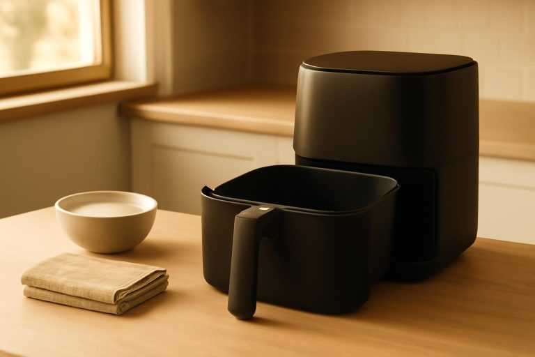 Cesto de air fryer removido sobre bancada de cozinha ao lado de pano macio e água com detergente para limpeza