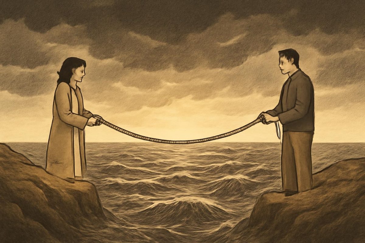 Ilustração de duas pessoas segurando uma ponte de corda sobre um mar tempestuoso, simbolizando aliança mantida na