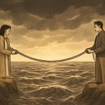 Ilustração de duas pessoas segurando uma ponte de corda sobre um mar tempestuoso, simbolizando aliança mantida na