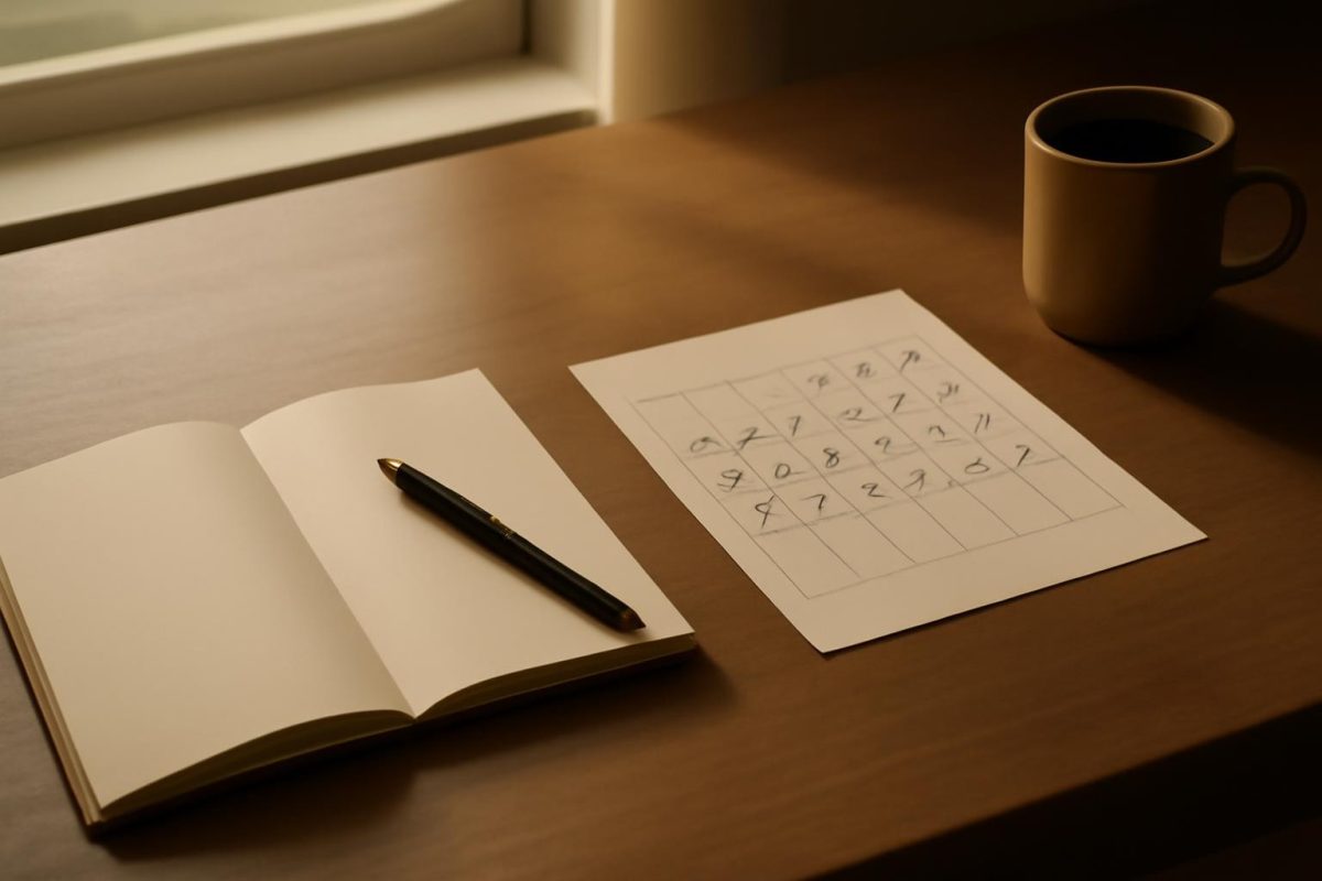 Mesa organizada com caderno aberto, caneta e calendário de papel com dias marcados, simbolizando consistência nos hábitos.