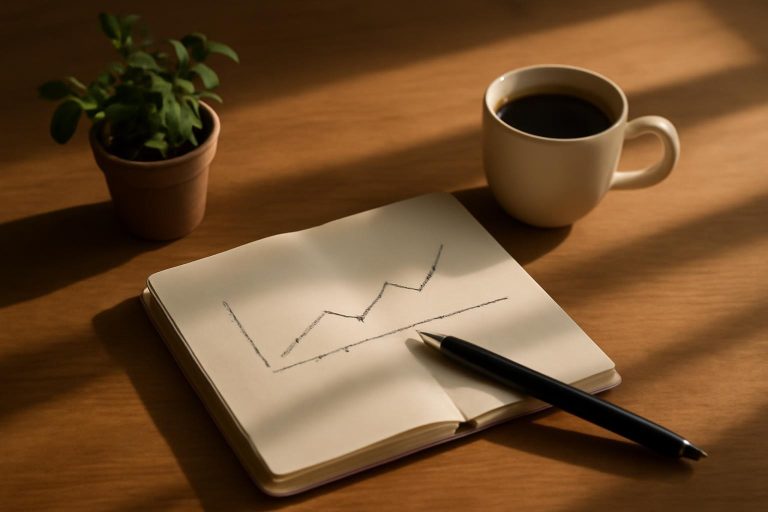 Mesa de madeira com caderno aberto mostrando gráfico de progresso semanal desenhado à mão, caneta e xícara de café