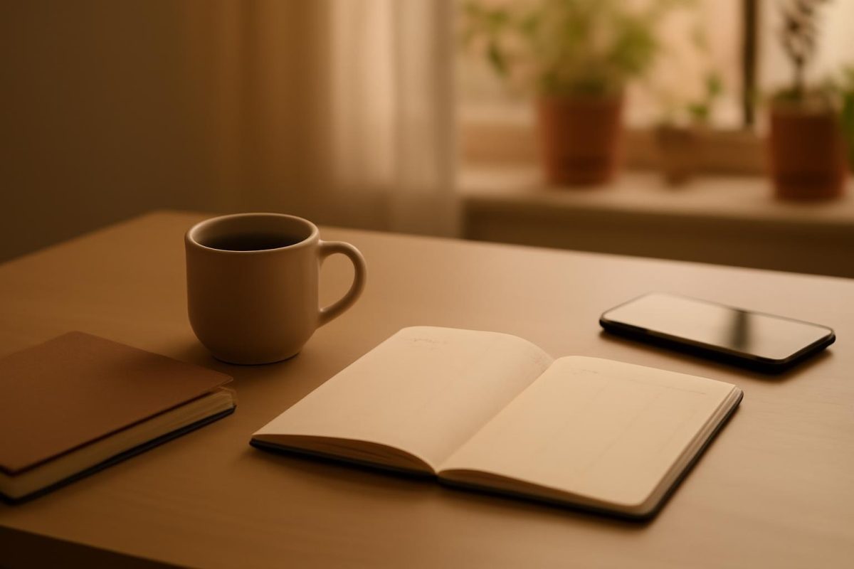 Mesa de trabalho organizada com caderno fechado, café e celular virado para baixo, representando rotina em semana caótica