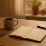 Mesa de trabalho organizada com caderno fechado, café e celular virado para baixo, representando rotina em semana caótica