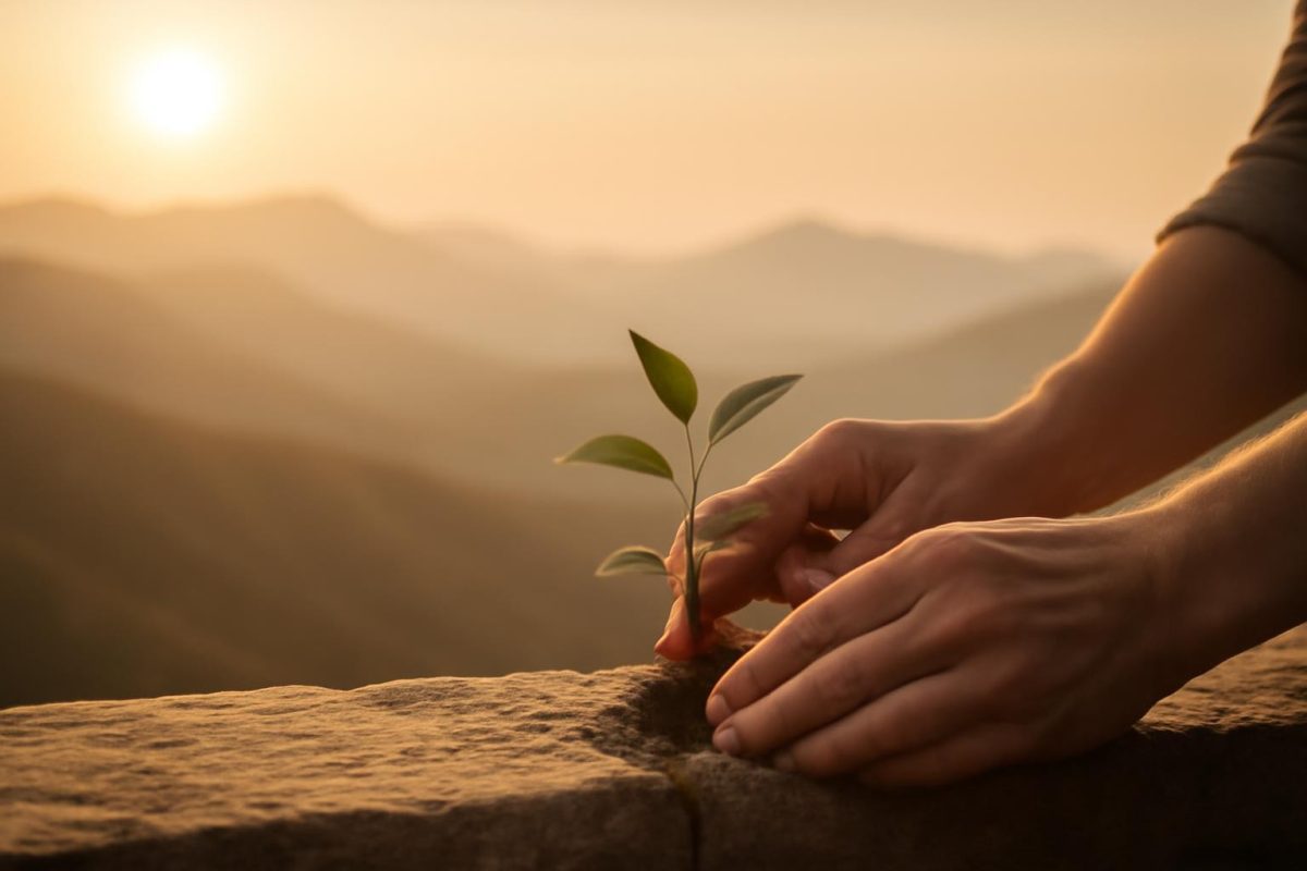 como manter o sucesso depois de alcançar: estratégias de longo prazo 1 Mãos cuidando de uma planta pequena em uma pedra com montanhas ao fundo, simbolizando a manutenção do sucesso a longo prazo